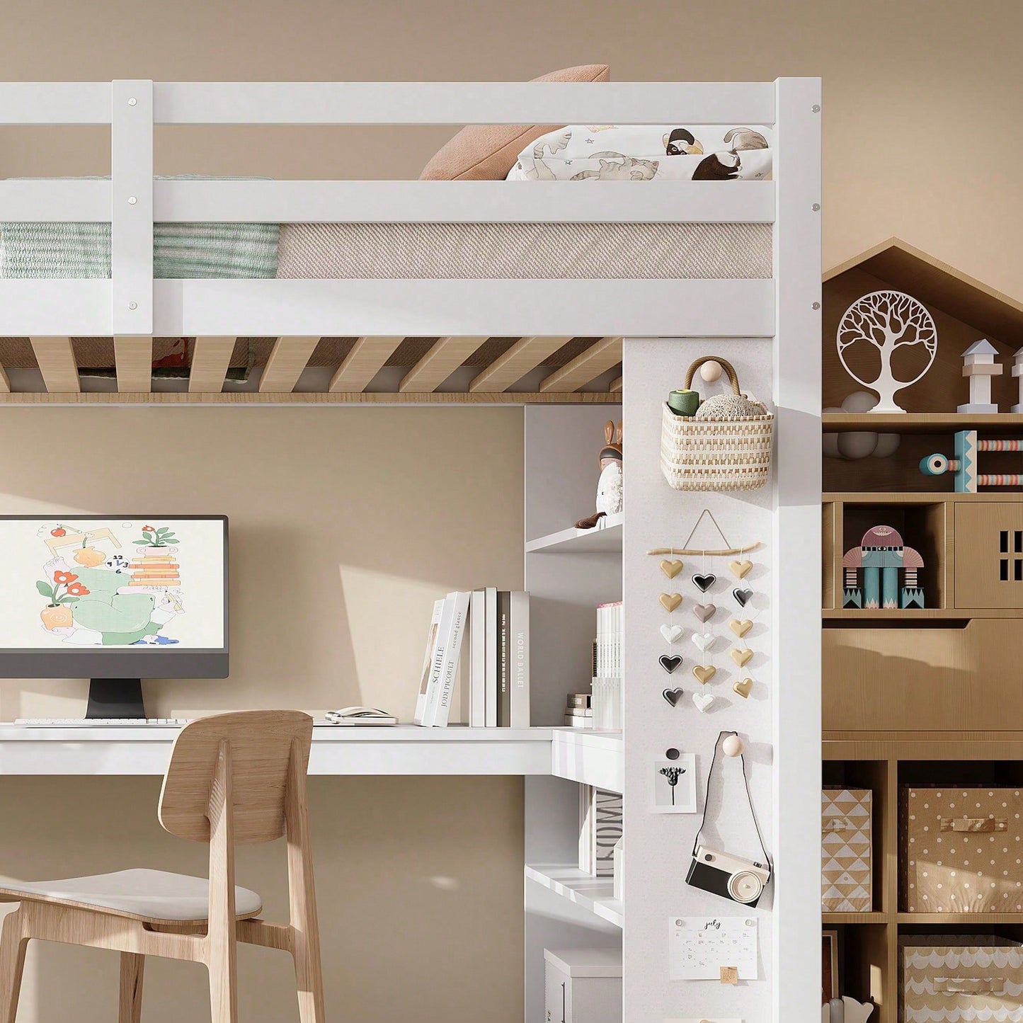 Hochbett Kinderbett 90x200 cm mit Sicherheitsgeländer & Ablageregal – Praktisches Filztuch & stabile Schrägleiter – Kiefer/Spanplatte/Sperrholz in Weiß
