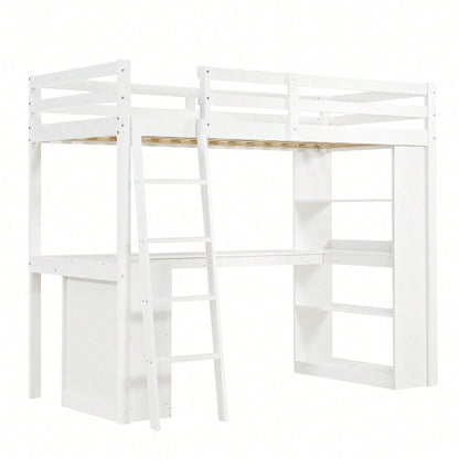 Hochbett Kinderbett 90x200 cm mit Sicherheitsgeländer & Ablageregal – Praktisches Filztuch & stabile Schrägleiter – Kiefer/Spanplatte/Sperrholz in Weiß