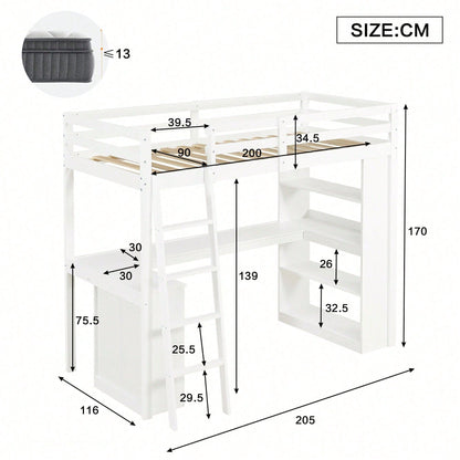 Hochbett Kinderbett 90x200 cm mit Sicherheitsgeländer & Ablageregal – Praktisches Filztuch & stabile Schrägleiter – Kiefer/Spanplatte/Sperrholz in Weiß