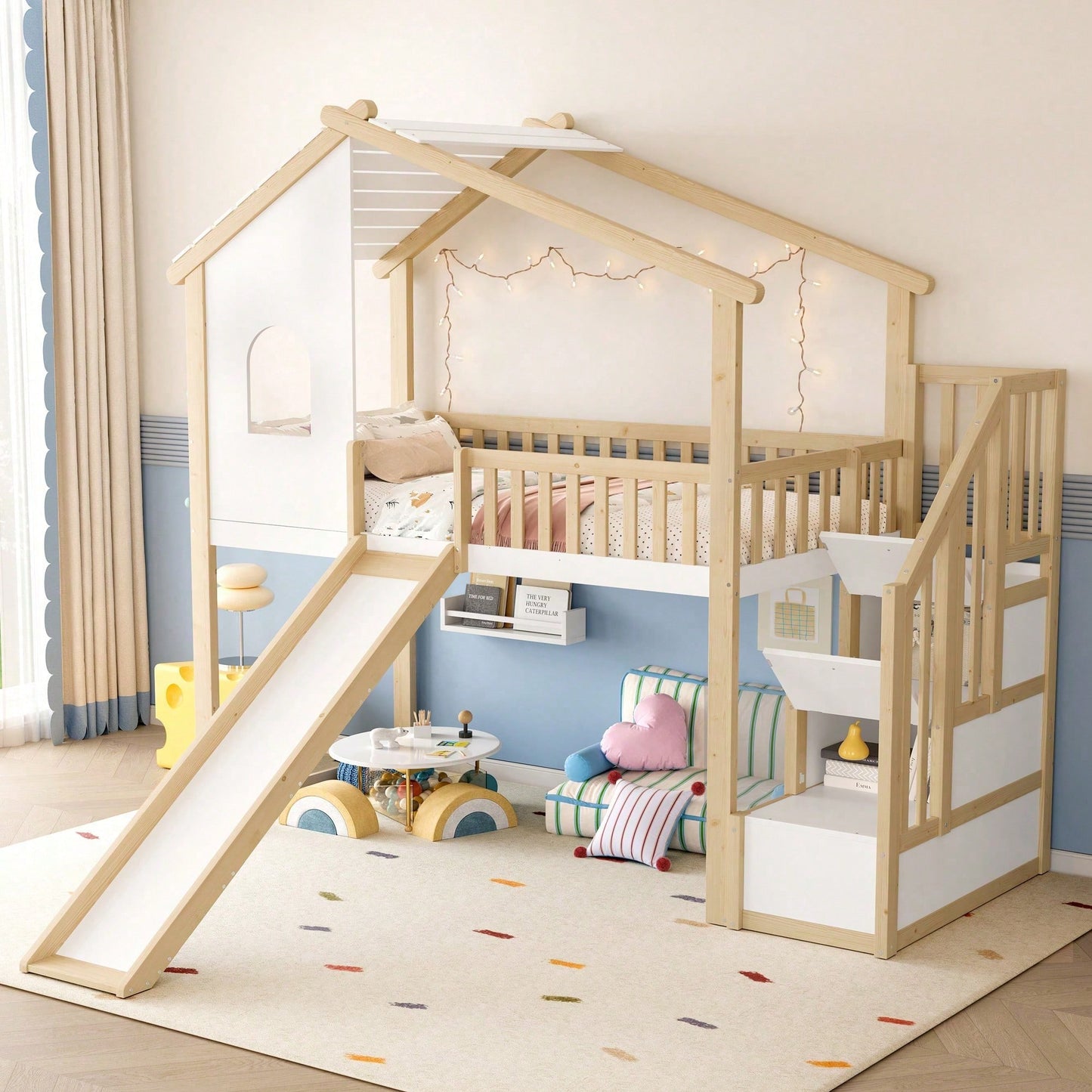 Hochbett 90x200 cm mit Rutsche, Bettgitter & Stauraumleiter – Spielbett mit Fenster & Hausleiste in Natur/Weiß – Ideal für Kinderzimmer