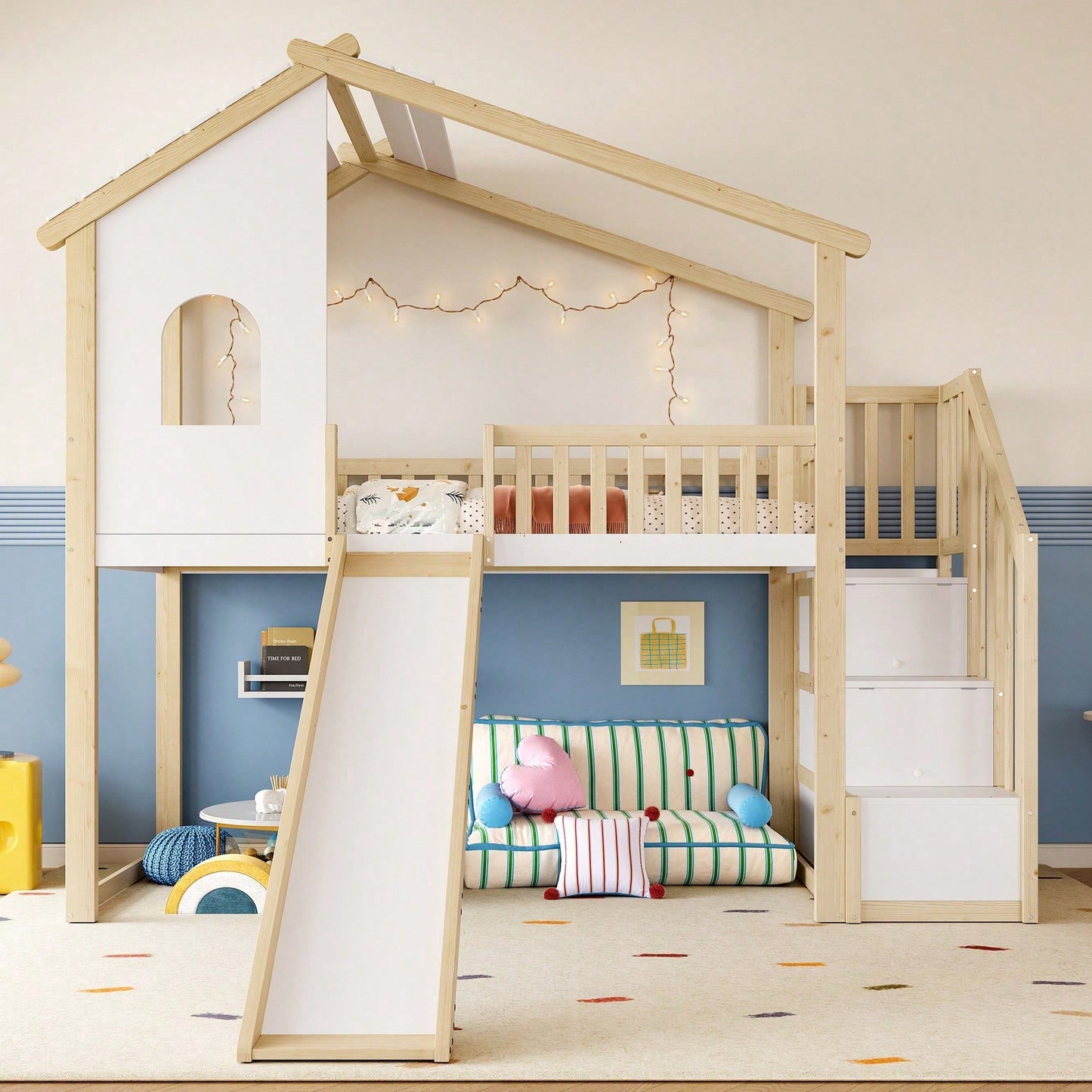 Hochbett 90x200 cm mit Rutsche, Bettgitter & Stauraumleiter – Spielbett mit Fenster & Hausleiste in Natur/Weiß – Ideal für Kinderzimmer