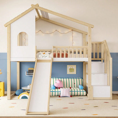 Hochbett 90x200 cm mit Rutsche, Bettgitter & Stauraumleiter – Spielbett mit Fenster & Hausleiste in Natur/Weiß – Ideal für Kinderzimmer