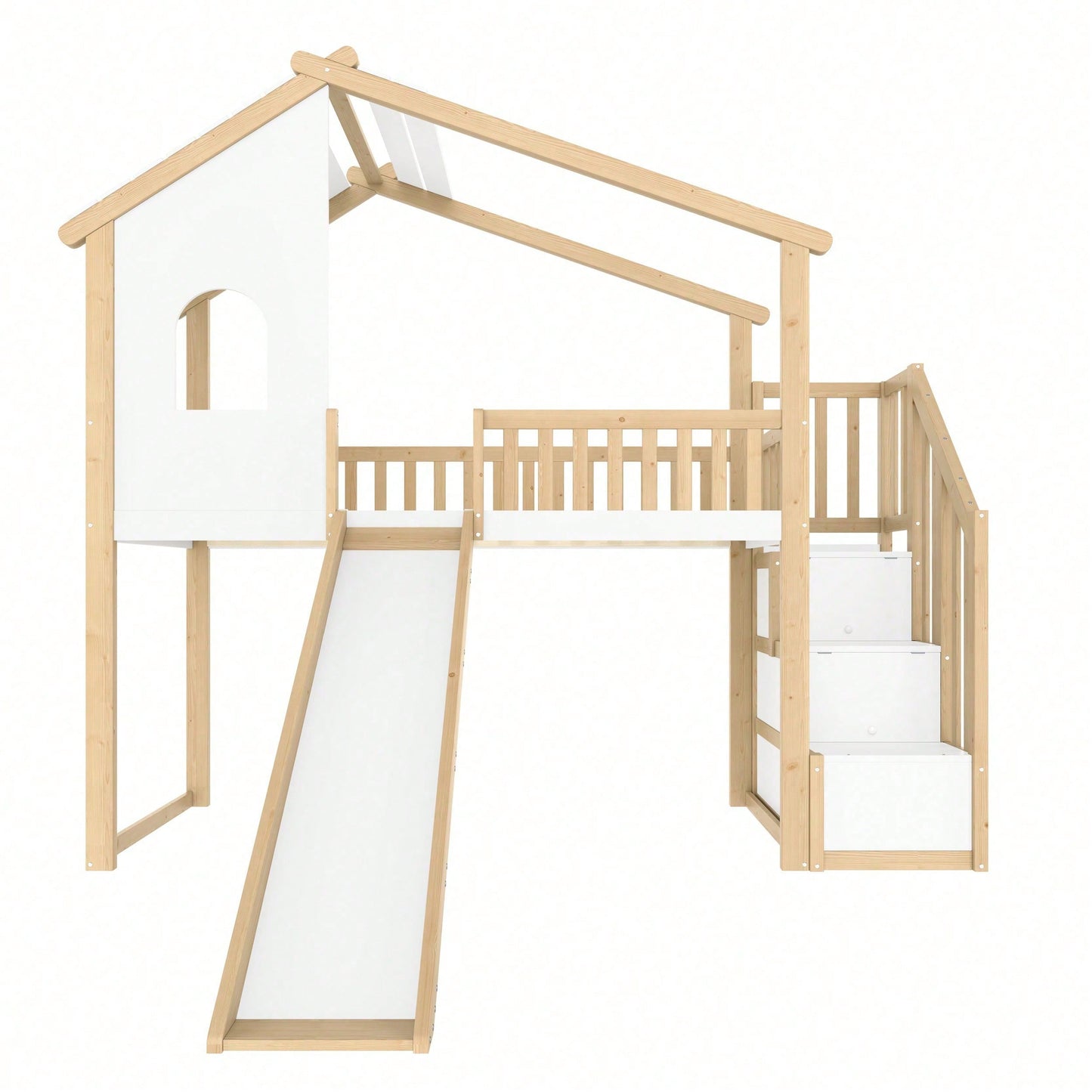 Hochbett 90x200 cm mit Rutsche, Bettgitter & Stauraumleiter – Spielbett mit Fenster & Hausleiste in Natur/Weiß – Ideal für Kinderzimmer