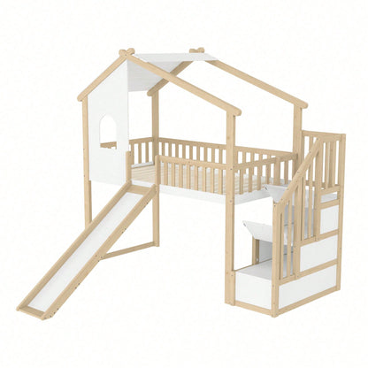 Hochbett 90x200 cm mit Rutsche, Bettgitter & Stauraumleiter – Spielbett mit Fenster & Hausleiste in Natur/Weiß – Ideal für Kinderzimmer