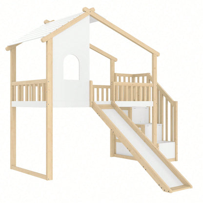 Hochbett 90x200 cm mit Rutsche, Bettgitter & Stauraumleiter – Spielbett mit Fenster & Hausleiste in Natur/Weiß – Ideal für Kinderzimmer