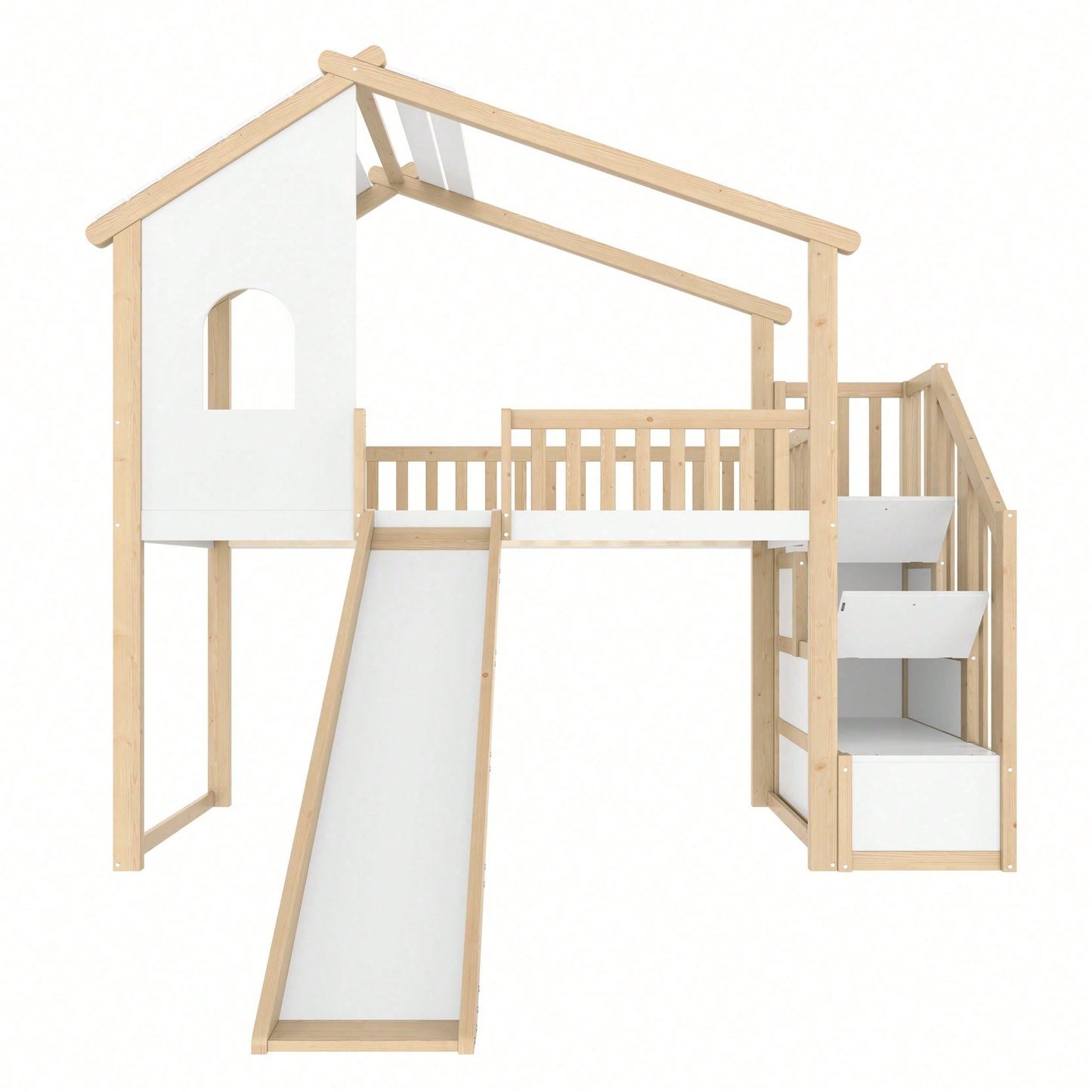 Hochbett 90x200 cm mit Rutsche, Bettgitter & Stauraumleiter – Spielbett mit Fenster & Hausleiste in Natur/Weiß – Ideal für Kinderzimmer