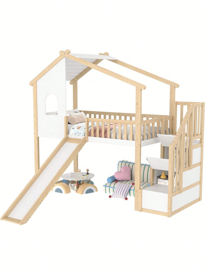Hochbett 90x200 cm mit Rutsche, Bettgitter & Stauraumleiter – Spielbett mit Fenster & Hausleiste in Natur/Weiß – Ideal für Kinderzimmer