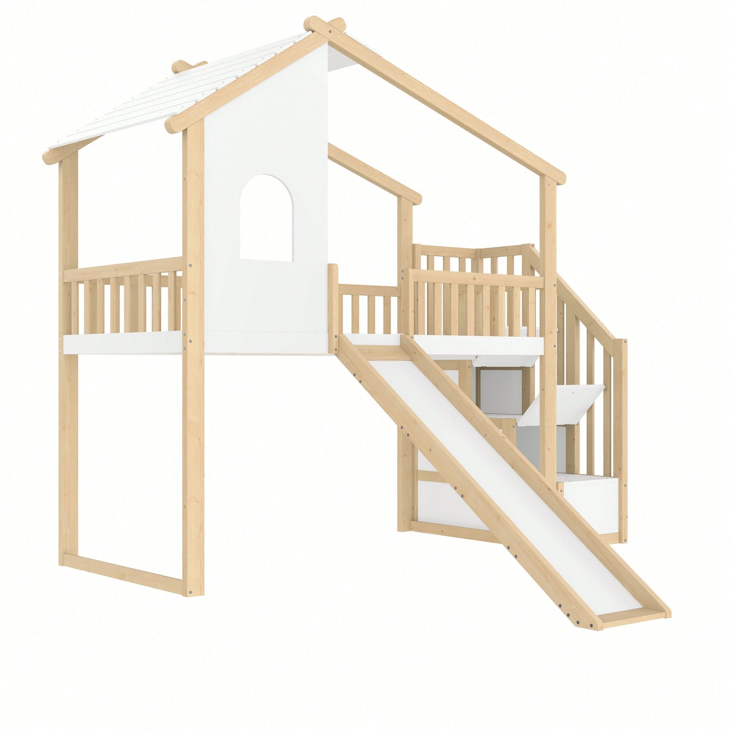 Hochbett 90x200 cm mit Rutsche, Bettgitter & Stauraumleiter – Spielbett mit Fenster & Hausleiste in Natur/Weiß – Ideal für Kinderzimmer