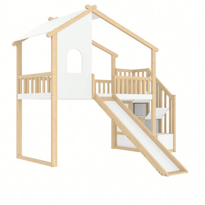 Hochbett 90x200 cm mit Rutsche, Bettgitter & Stauraumleiter – Spielbett mit Fenster & Hausleiste in Natur/Weiß – Ideal für Kinderzimmer
