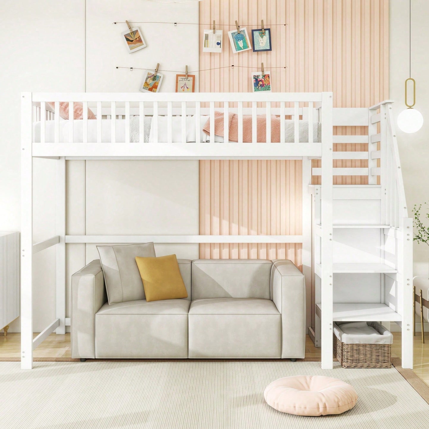 Weißes Kinder-Hochbett 90x200 mit Treppe & Aufbewahrungsregal – inkl. Kleiderschrank