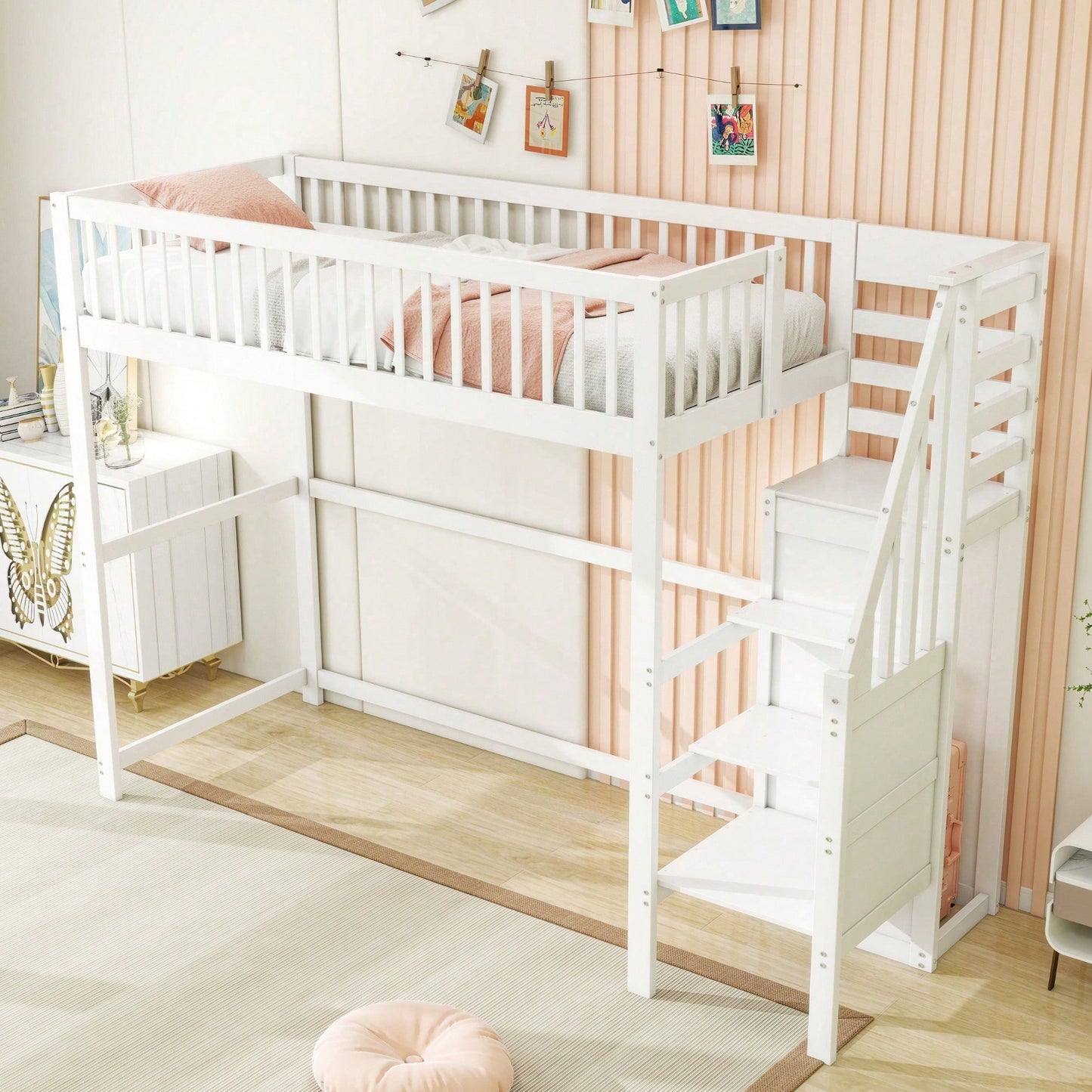 Weißes Kinder-Hochbett 90x200 mit Treppe & Aufbewahrungsregal – inkl. Kleiderschrank