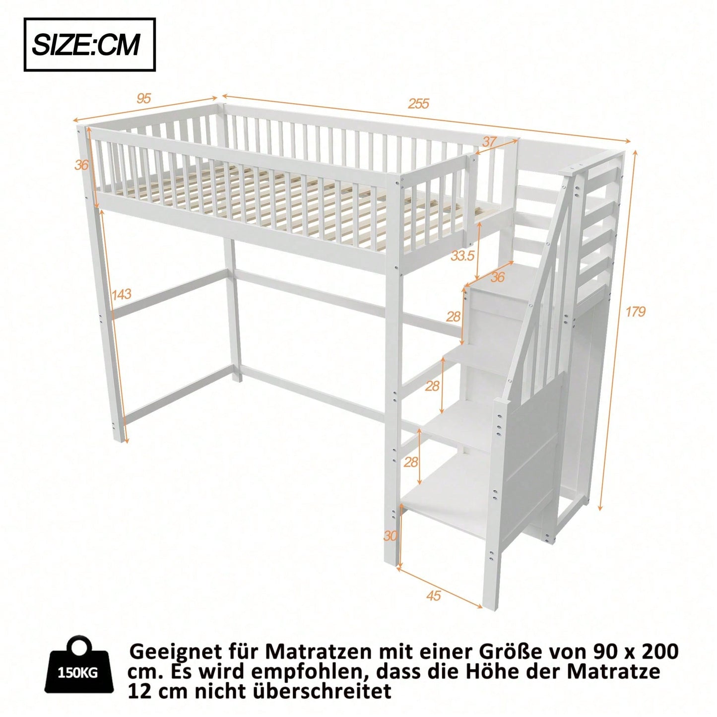 Weißes Kinder-Hochbett 90x200 mit Treppe & Aufbewahrungsregal – inkl. Kleiderschrank