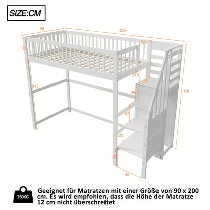 Weißes Kinder-Hochbett 90x200 mit Treppe & Aufbewahrungsregal – inkl. Kleiderschrank