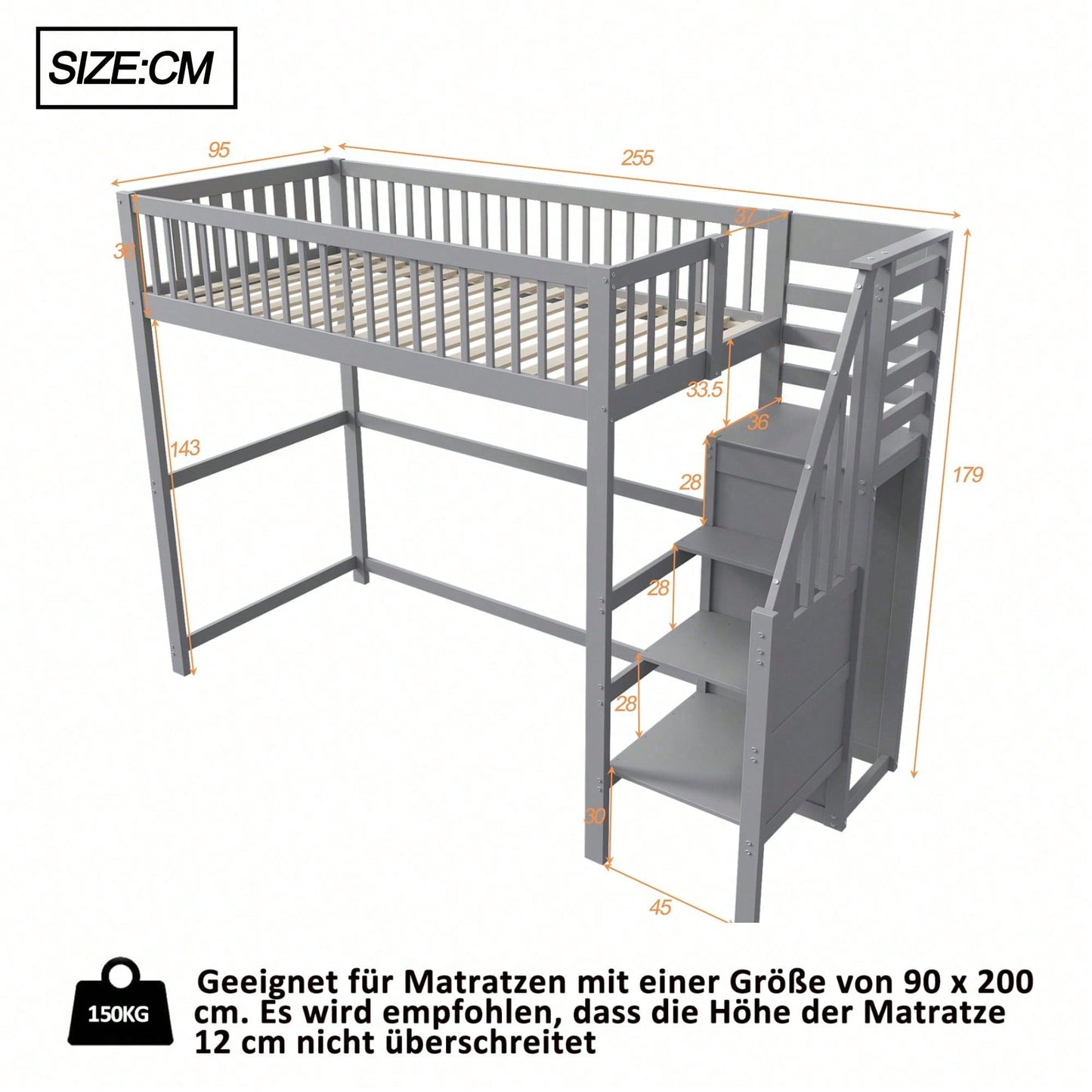 Weißes Kinder-Hochbett 90x200 mit Treppe & Aufbewahrungsregal – inkl. Kleiderschrank