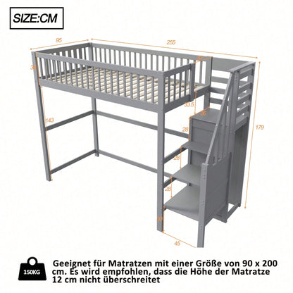 Weißes Kinder-Hochbett 90x200 mit Treppe & Aufbewahrungsregal – inkl. Kleiderschrank