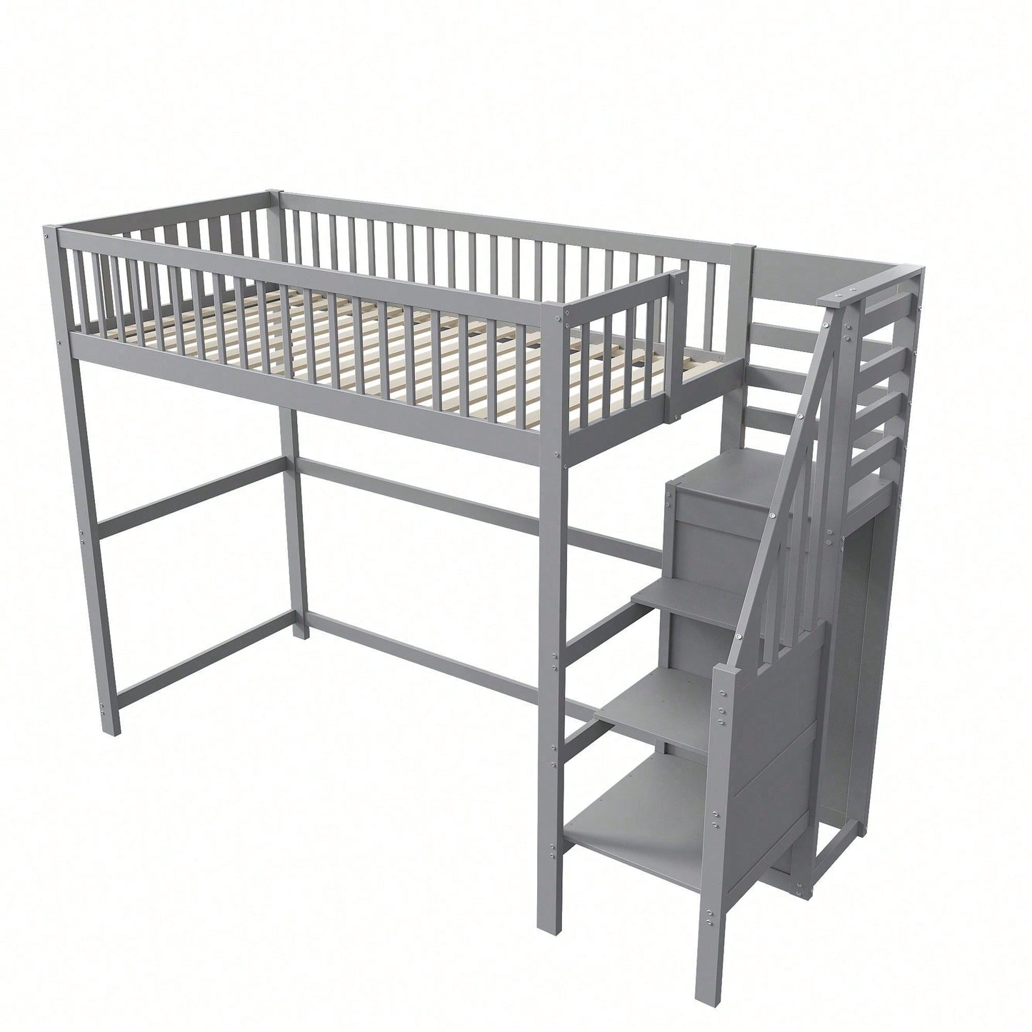 Weißes Kinder-Hochbett 90x200 mit Treppe & Aufbewahrungsregal – inkl. Kleiderschrank