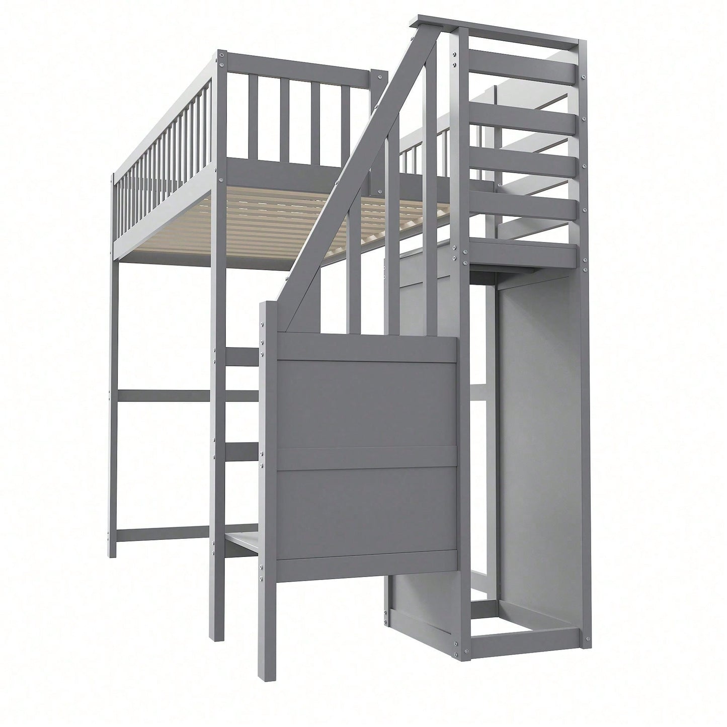 Weißes Kinder-Hochbett 90x200 mit Treppe & Aufbewahrungsregal – inkl. Kleiderschrank