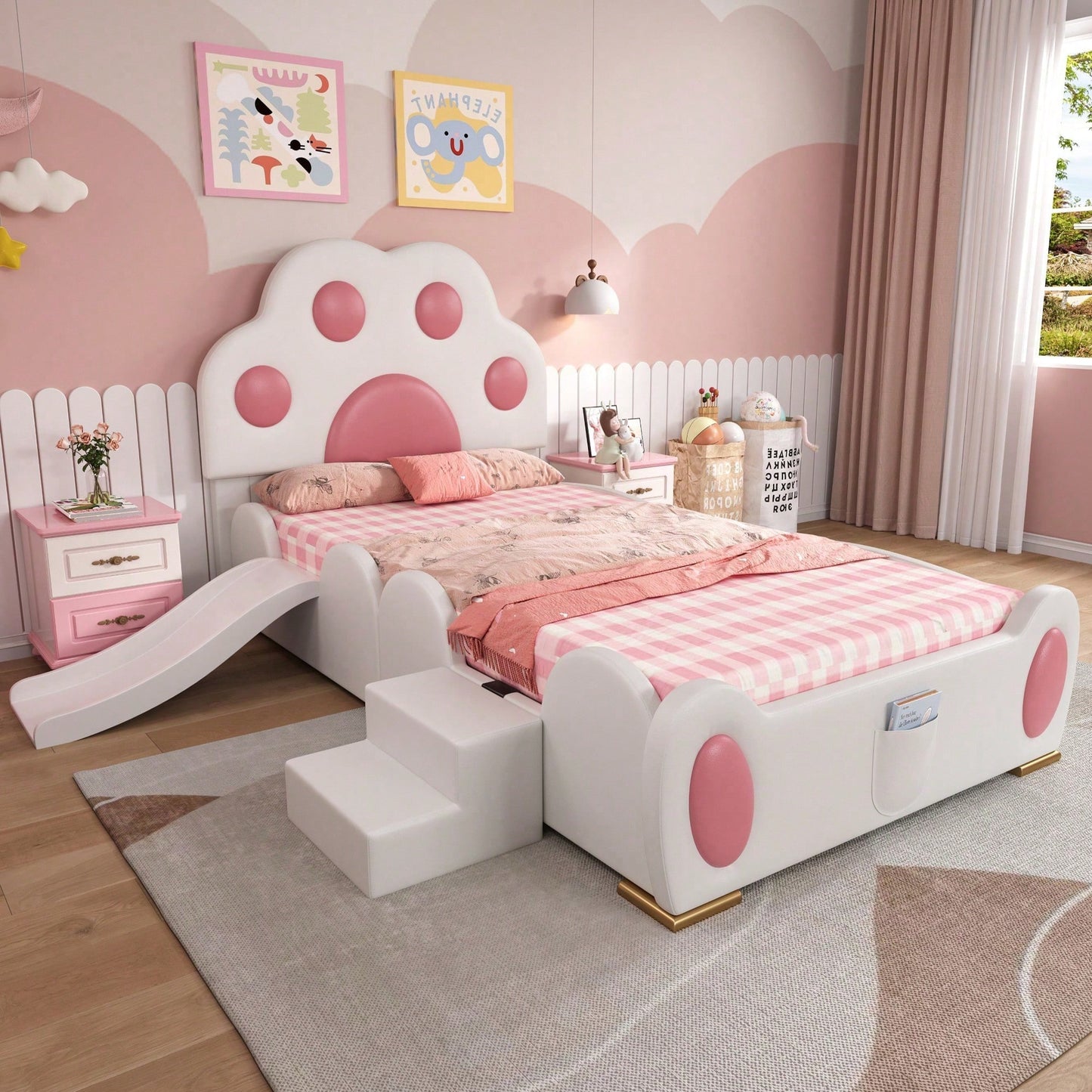 Kinder-Polsterbett 90x200 cm – Niedliches Katzenpfoten-Kopfteil mit Rutsche & 2-stufiger Leiter – Weiß-Rosa PU-Bezug, süßes Einzelbett für Kinder