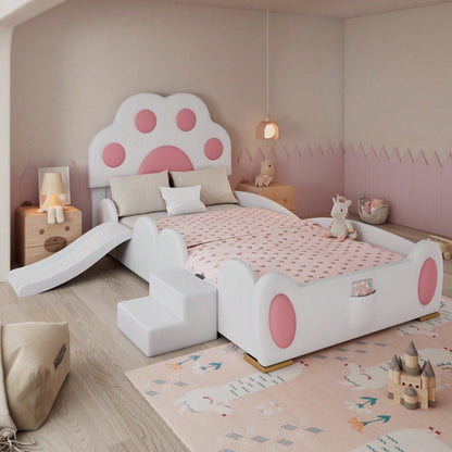 Kinder-Polsterbett 90x200 cm – Niedliches Katzenpfoten-Kopfteil mit Rutsche & 2-stufiger Leiter – Weiß-Rosa PU-Bezug, süßes Einzelbett für Kinder