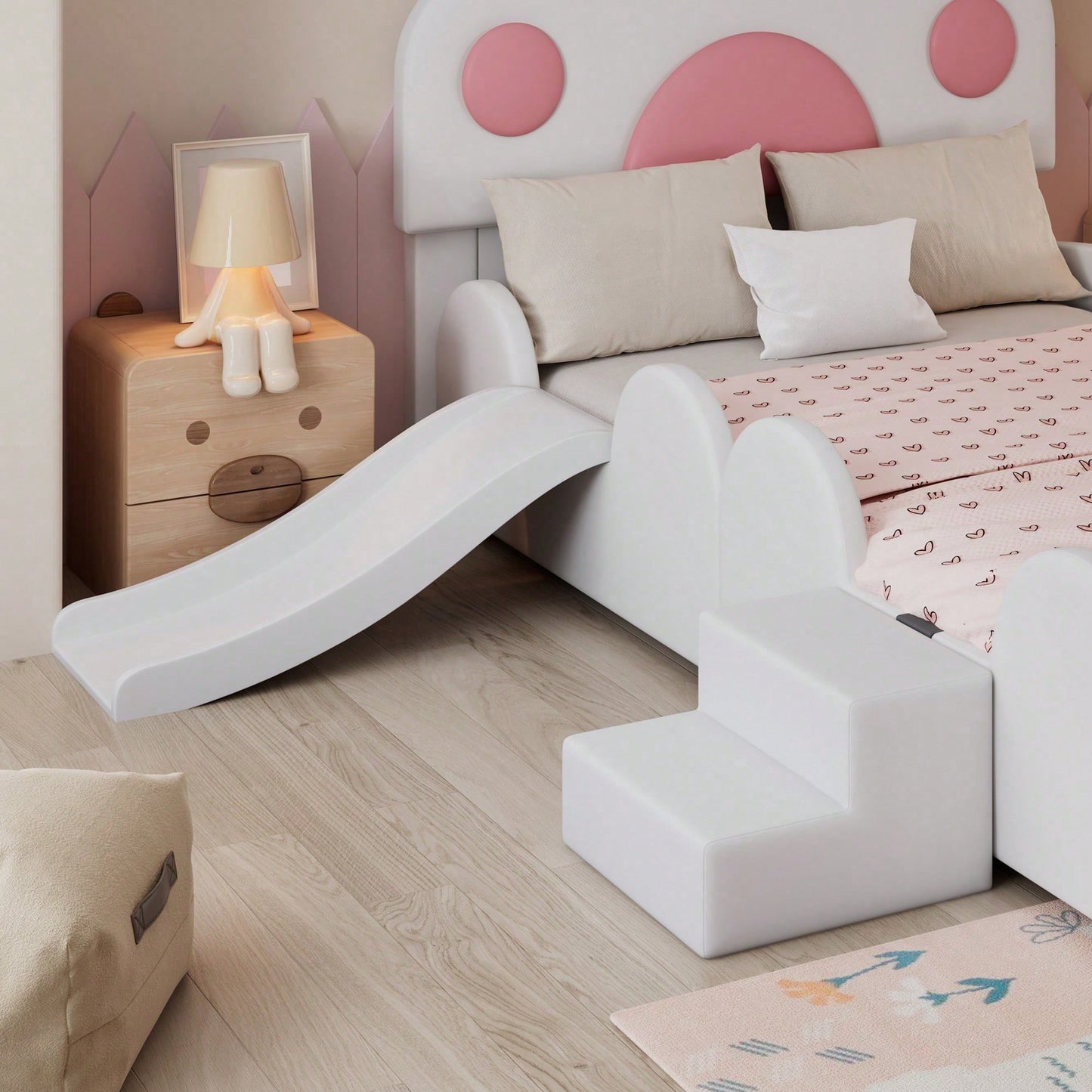 Kinder-Polsterbett 90x200 cm – Niedliches Katzenpfoten-Kopfteil mit Rutsche & 2-stufiger Leiter – Weiß-Rosa PU-Bezug, süßes Einzelbett für Kinder
