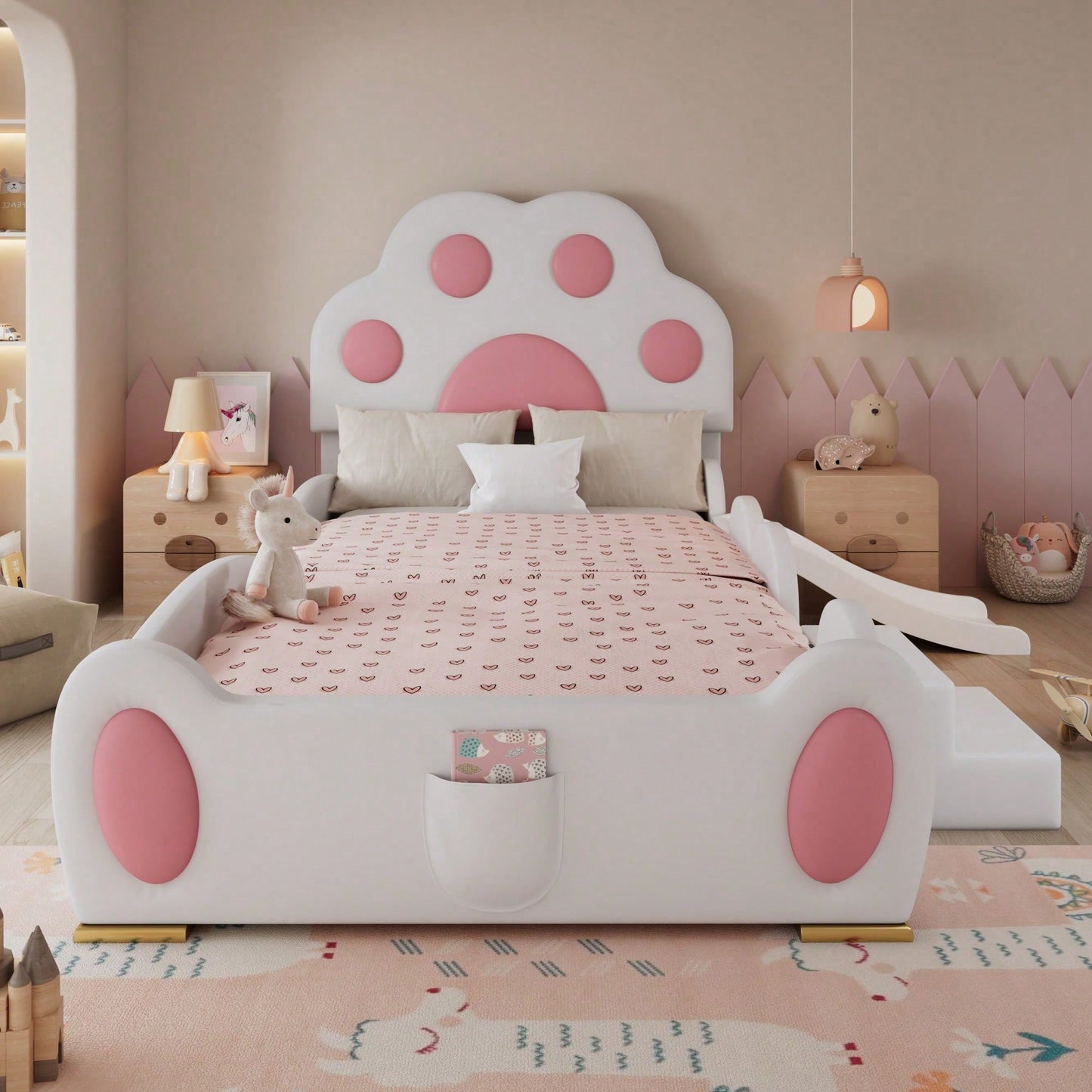 Kinder-Polsterbett 90x200 cm – Niedliches Katzenpfoten-Kopfteil mit Rutsche & 2-stufiger Leiter – Weiß-Rosa PU-Bezug, süßes Einzelbett für Kinder