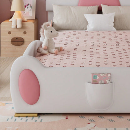 Kinder-Polsterbett 90x200 cm – Niedliches Katzenpfoten-Kopfteil mit Rutsche & 2-stufiger Leiter – Weiß-Rosa PU-Bezug, süßes Einzelbett für Kinder