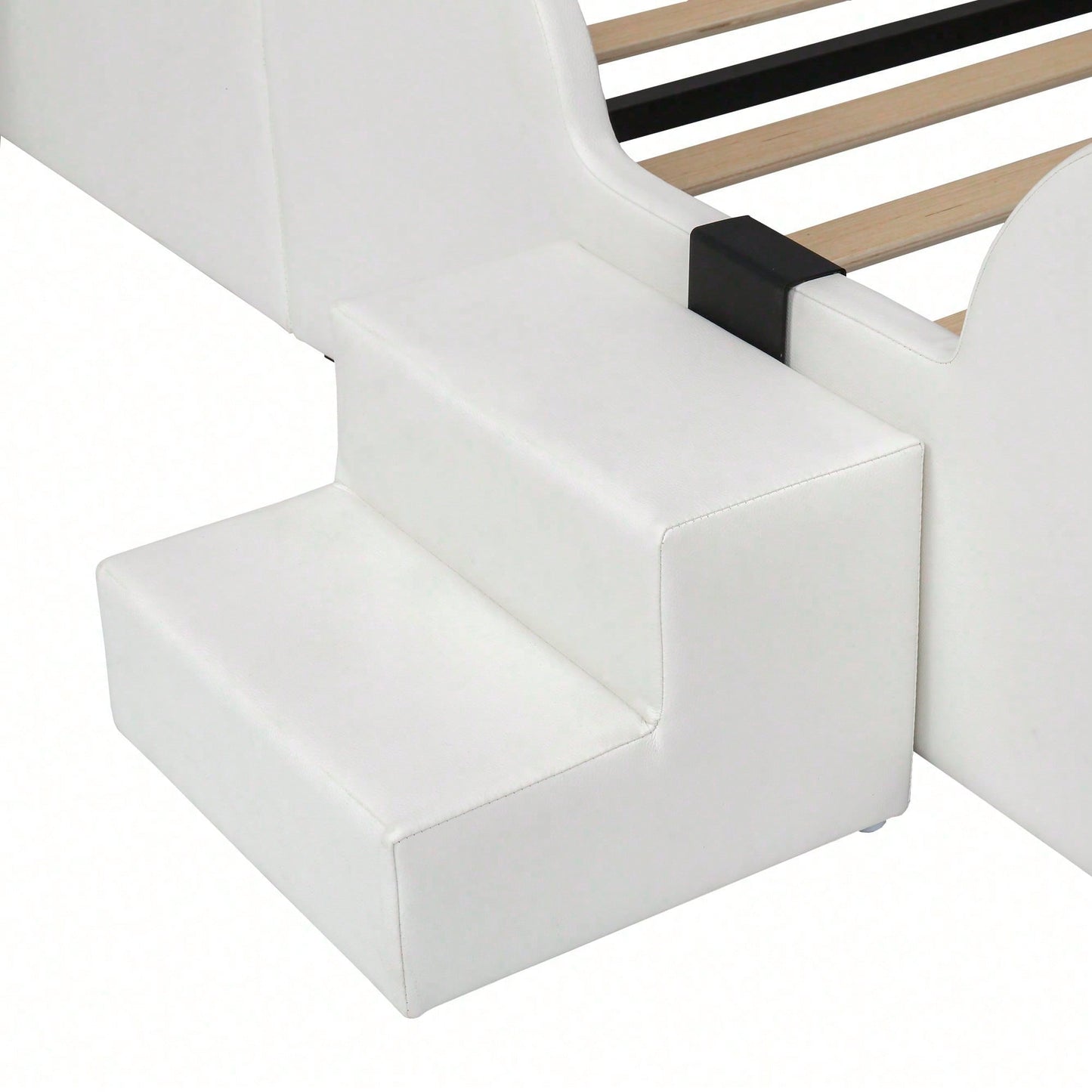 Kinder-Polsterbett 90x200 cm – Niedliches Katzenpfoten-Kopfteil mit Rutsche & 2-stufiger Leiter – Weiß-Rosa PU-Bezug, süßes Einzelbett für Kinder
