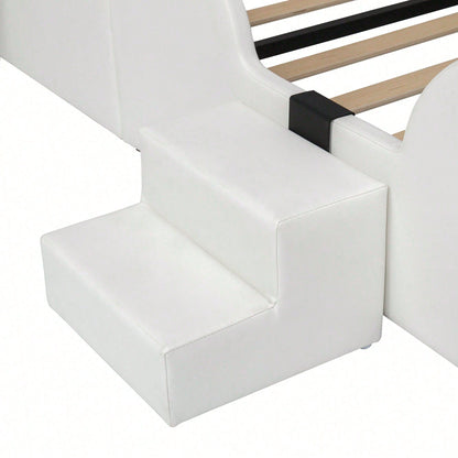 Kinder-Polsterbett 90x200 cm – Niedliches Katzenpfoten-Kopfteil mit Rutsche & 2-stufiger Leiter – Weiß-Rosa PU-Bezug, süßes Einzelbett für Kinder