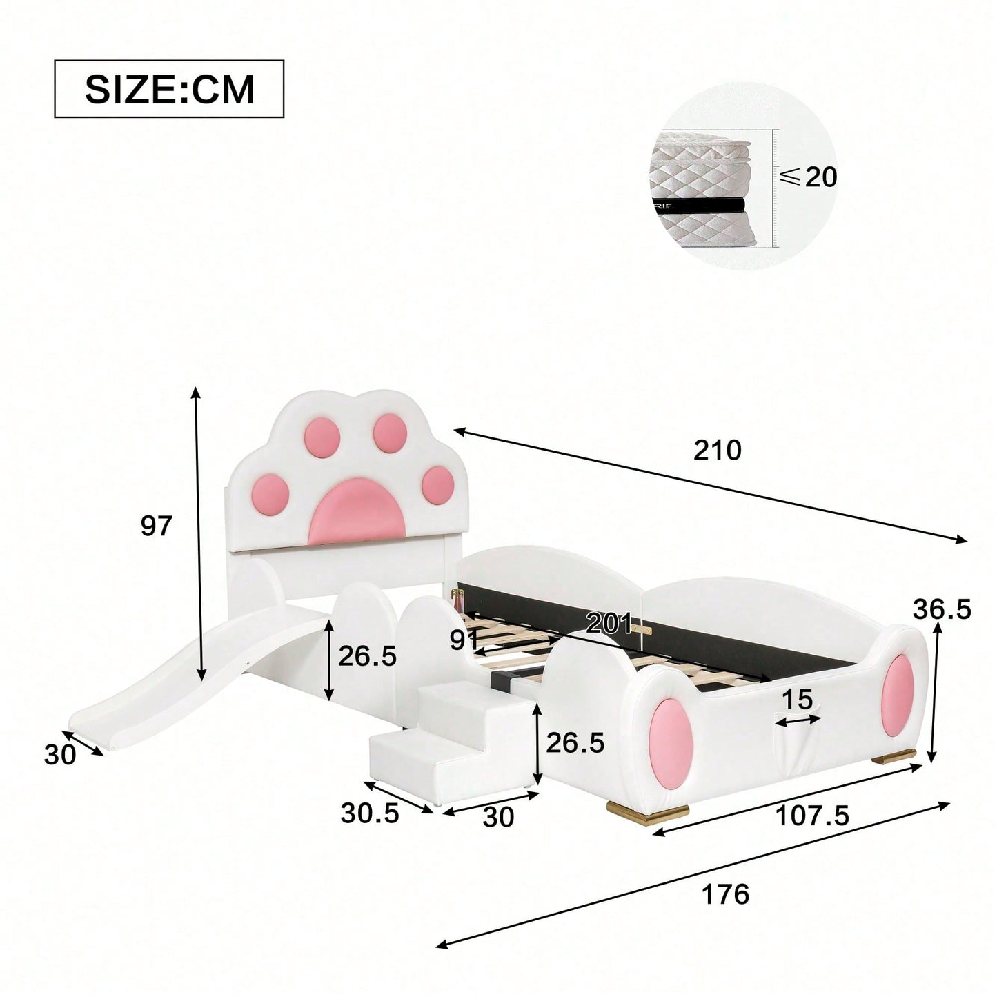 Kinder-Polsterbett 90x200 cm – Niedliches Katzenpfoten-Kopfteil mit Rutsche & 2-stufiger Leiter – Weiß-Rosa PU-Bezug, süßes Einzelbett für Kinder
