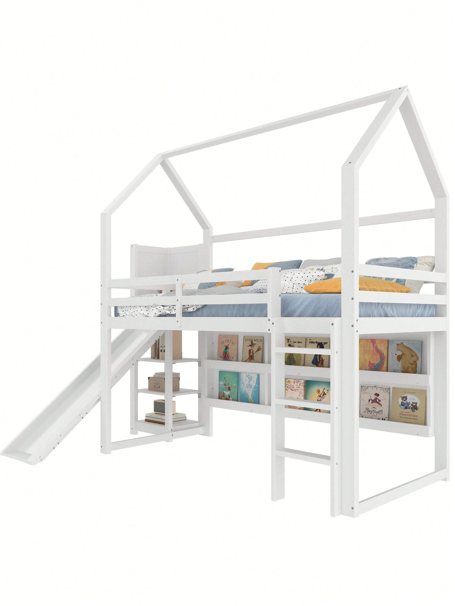 Hochbett 90x200 cm im Haus-Design – Mit LED-Beleuchtung, Sicherheitszaun & Regalen – Weißes Kinderbett (ohne Matratze)