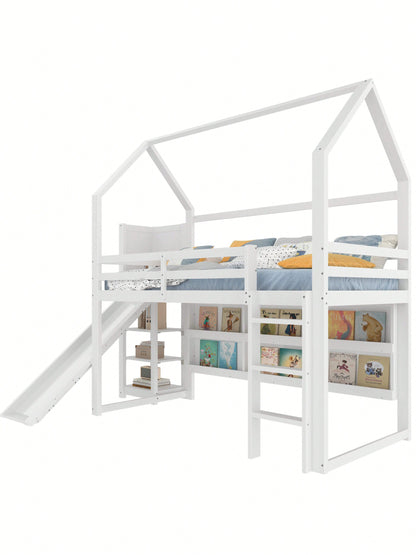 Hochbett 90x200 cm im Haus-Design – Mit LED-Beleuchtung, Sicherheitszaun & Regalen – Weißes Kinderbett (ohne Matratze)