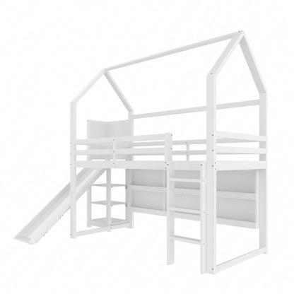 Hochbett 90x200 cm im Haus-Design – Mit LED-Beleuchtung, Sicherheitszaun & Regalen – Weißes Kinderbett (ohne Matratze)