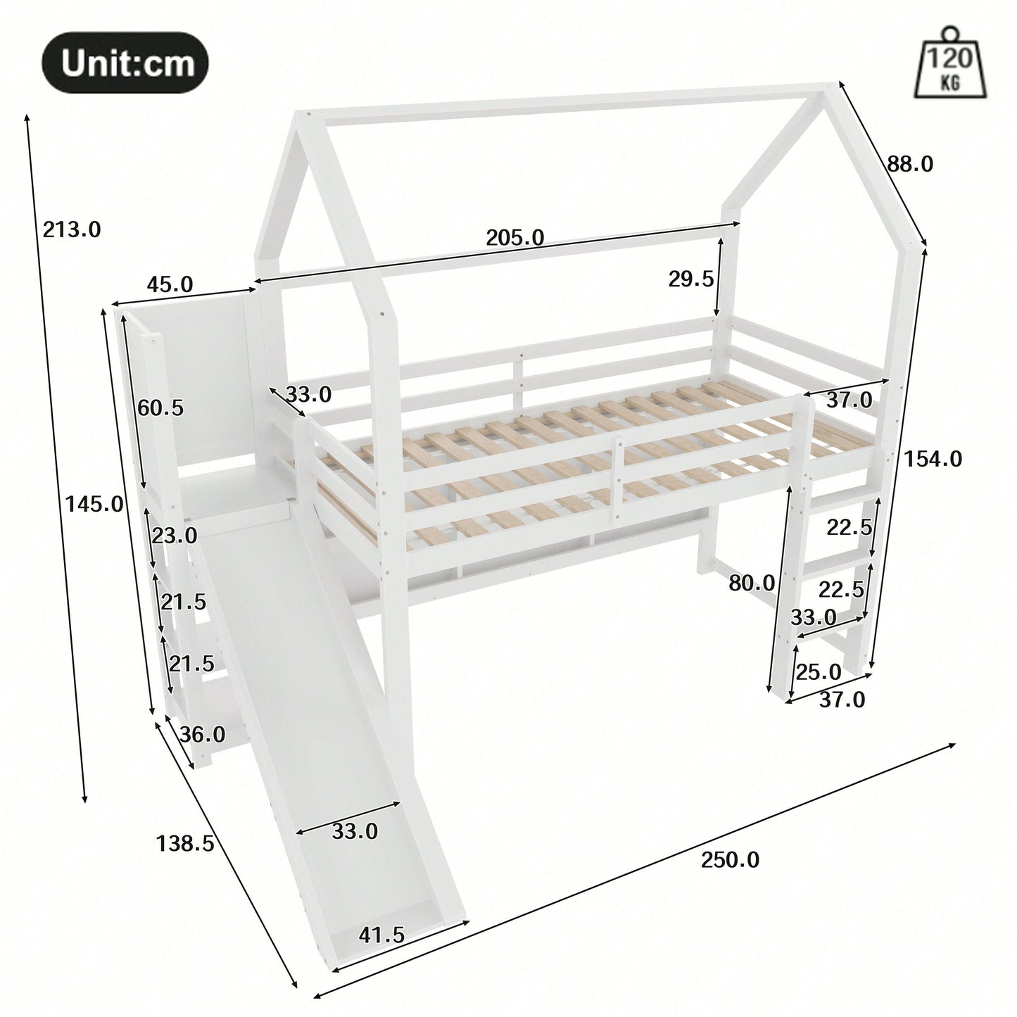 Hochbett 90x200 cm im Haus-Design – Mit LED-Beleuchtung, Sicherheitszaun & Regalen – Weißes Kinderbett (ohne Matratze)