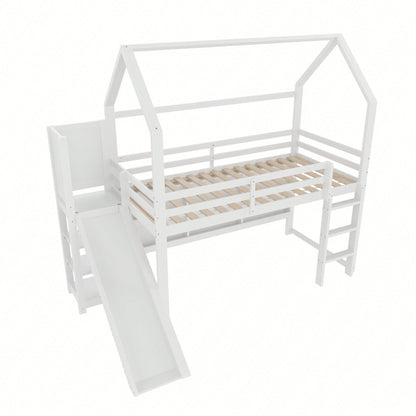 Hochbett 90x200 cm im Haus-Design – Mit LED-Beleuchtung, Sicherheitszaun & Regalen – Weißes Kinderbett (ohne Matratze)