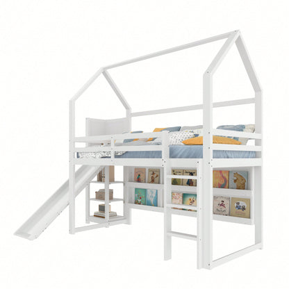 Hochbett 90x200 cm im Haus-Design – Mit LED-Beleuchtung, Sicherheitszaun & Regalen – Weißes Kinderbett (ohne Matratze)