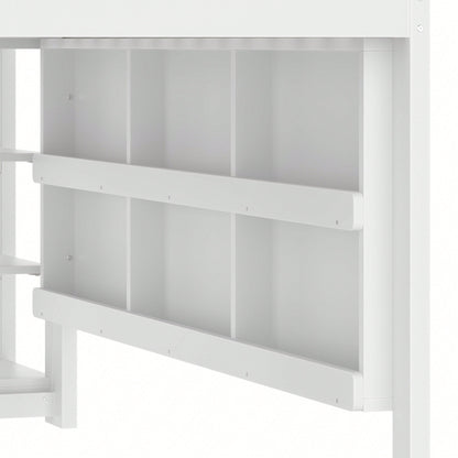 Hochbett 90x200 cm im Haus-Design – Mit LED-Beleuchtung, Sicherheitszaun & Regalen – Weißes Kinderbett (ohne Matratze)