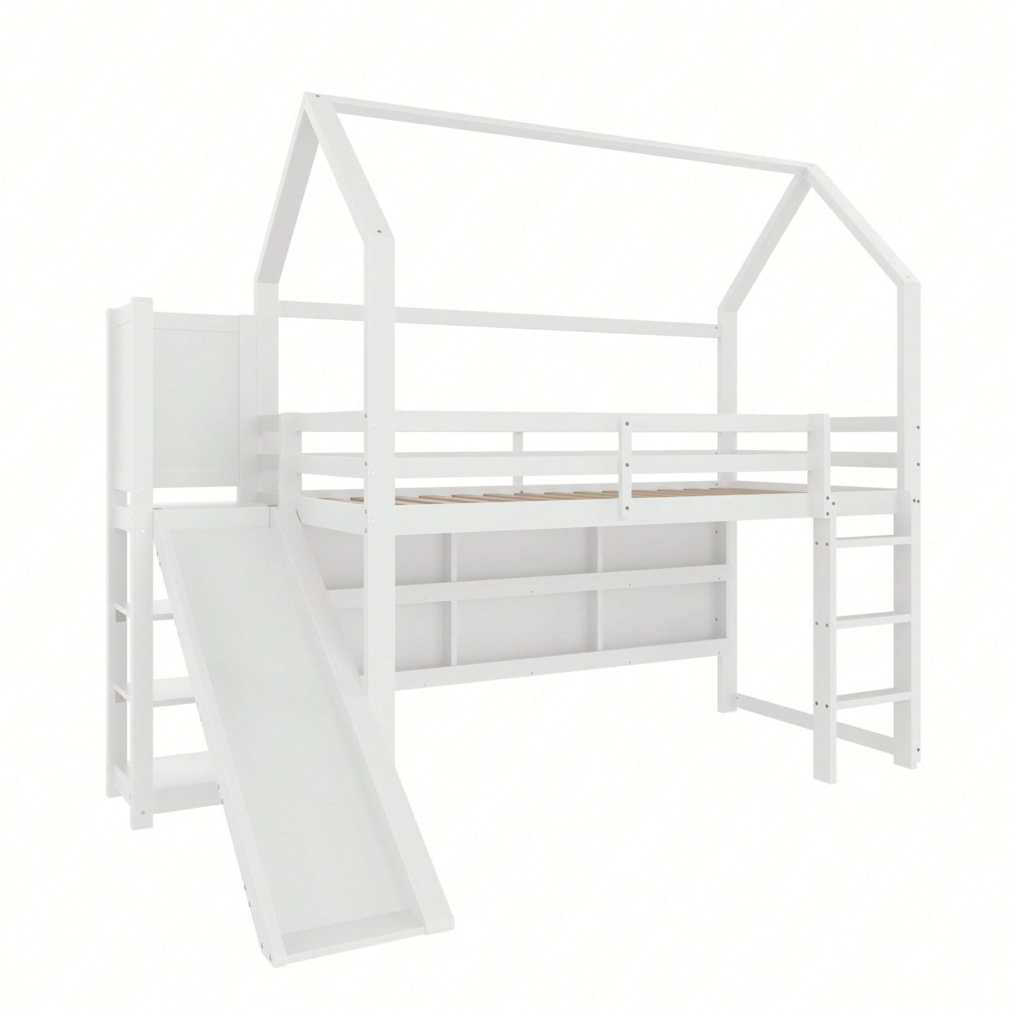 Hochbett 90x200 cm im Haus-Design – Mit LED-Beleuchtung, Sicherheitszaun & Regalen – Weißes Kinderbett (ohne Matratze)