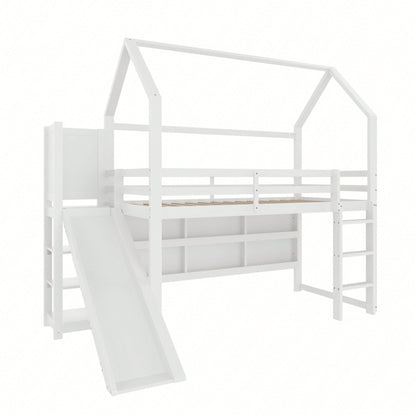 Hochbett 90x200 cm im Haus-Design – Mit LED-Beleuchtung, Sicherheitszaun & Regalen – Weißes Kinderbett (ohne Matratze)