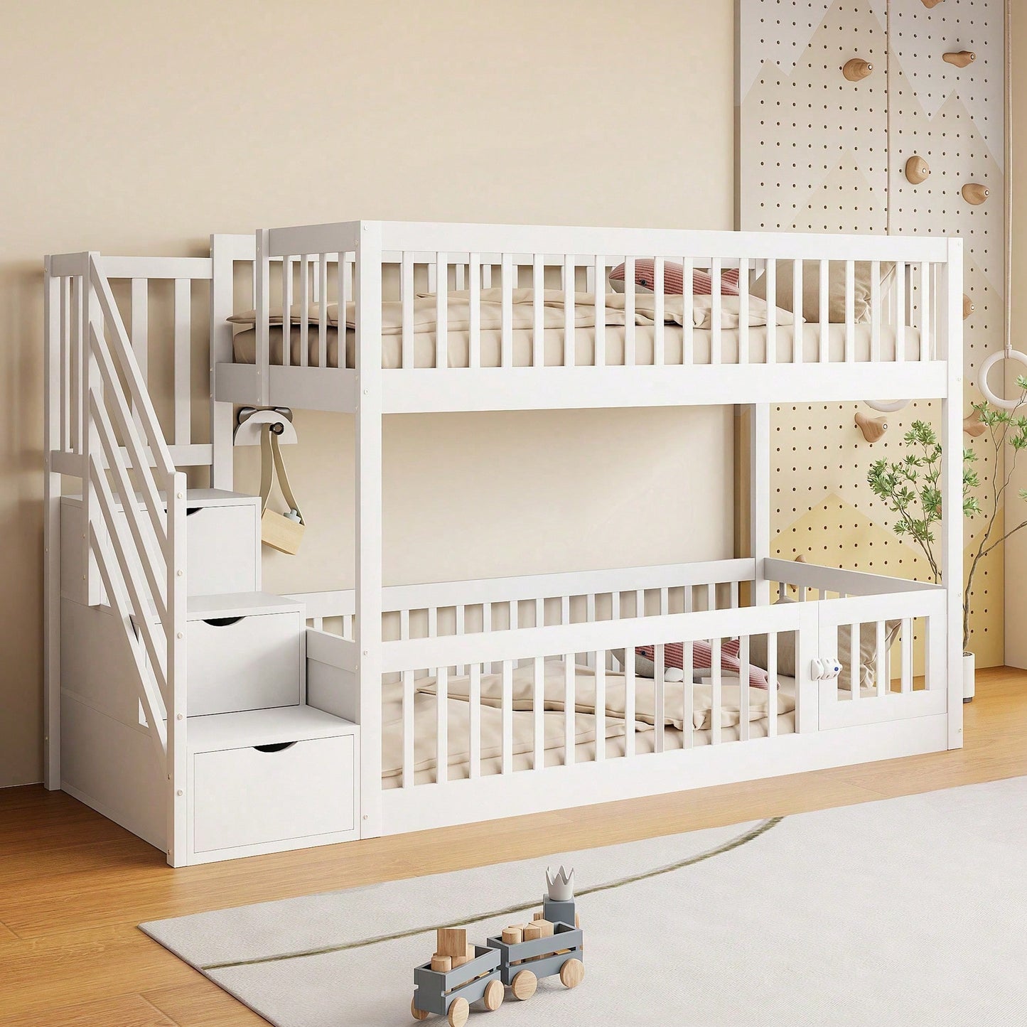 Etagenbett 90x200 Kinderbett mit Sicherheitstreppe und Schubladen, weißes Holzeinzelbett mit Stauraumbett für Kinder, Jugendliche