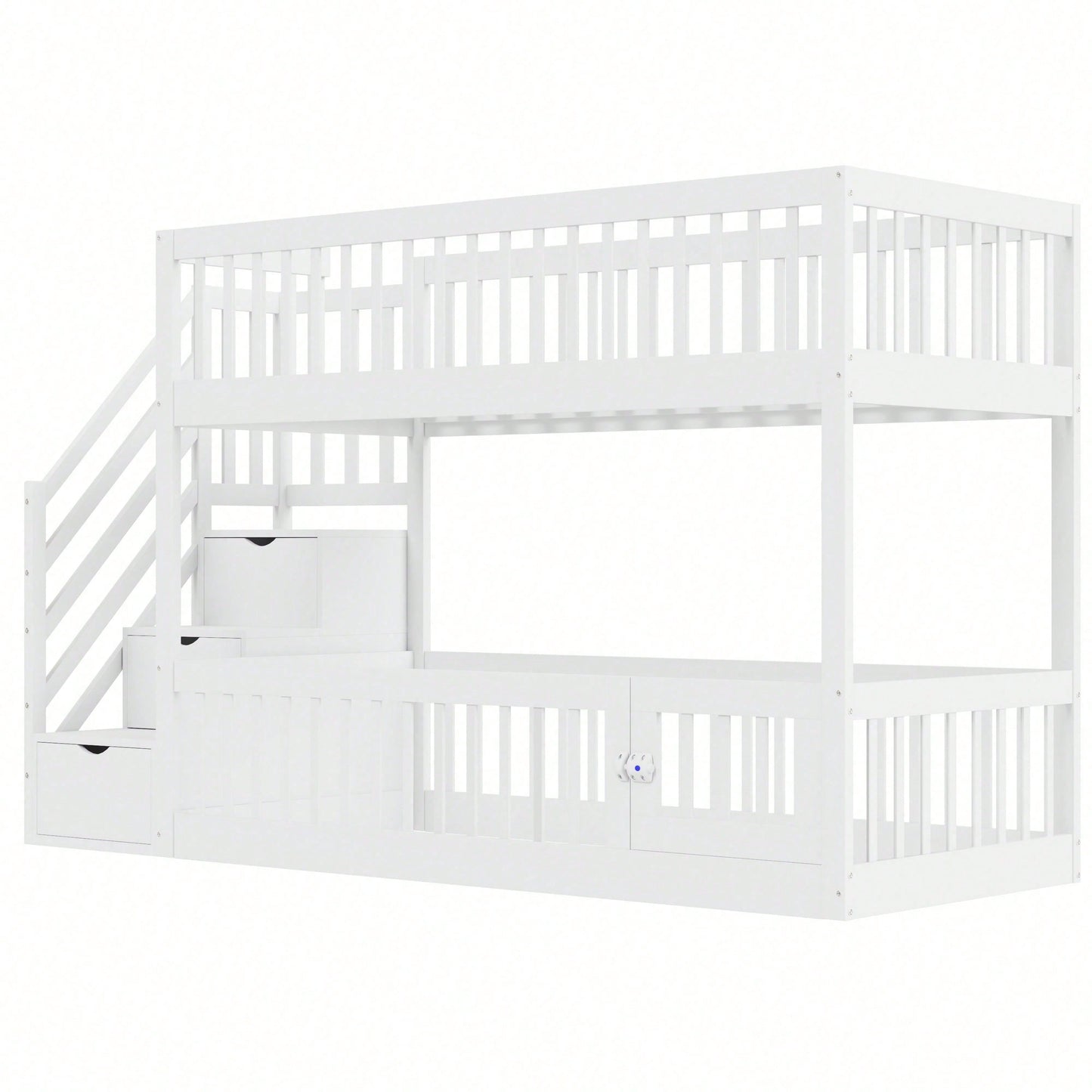 Etagenbett 90x200 Kinderbett mit Sicherheitstreppe und Schubladen, weißes Holzeinzelbett mit Stauraumbett für Kinder, Jugendliche