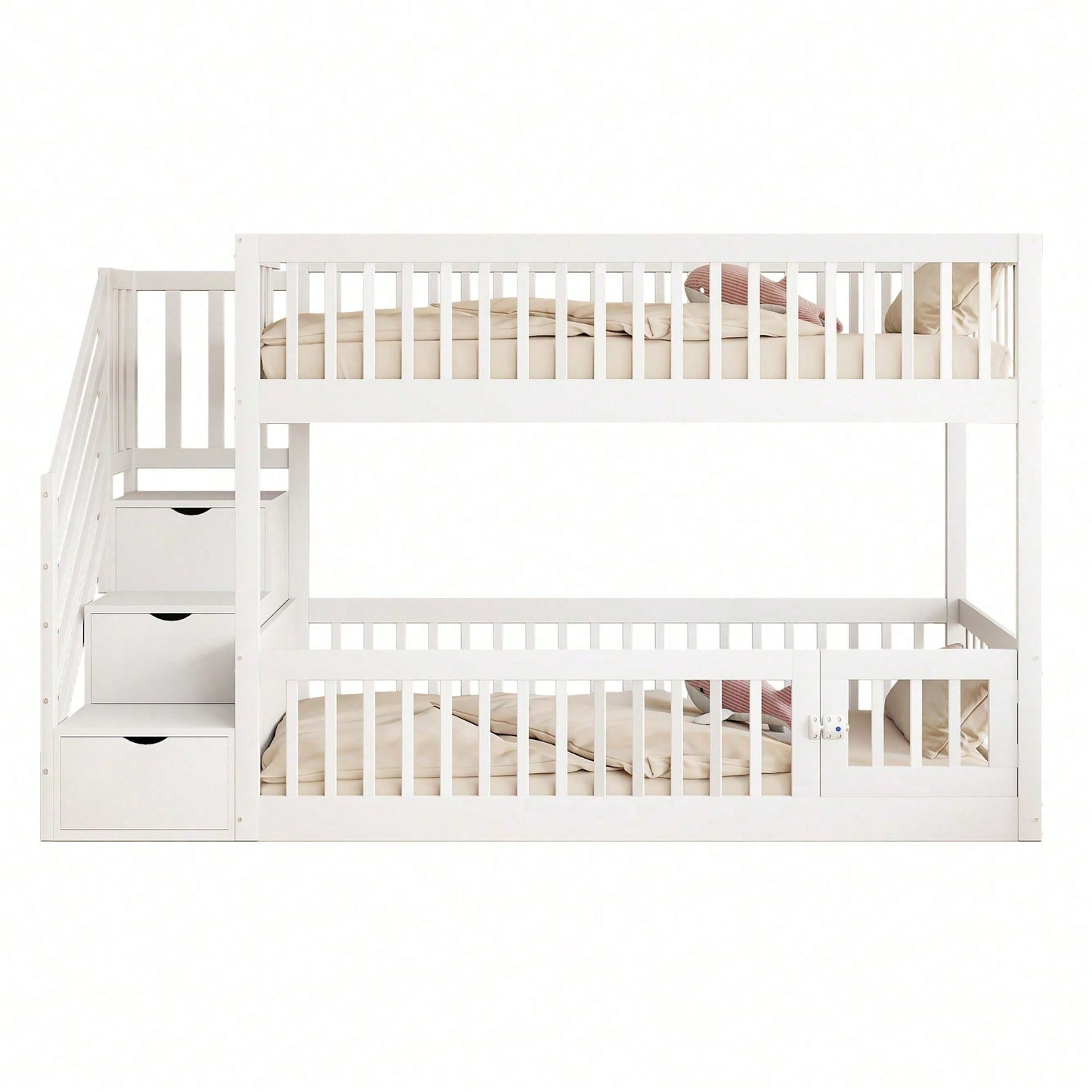 Etagenbett 90x200 Kinderbett mit Sicherheitstreppe und Schubladen, weißes Holzeinzelbett mit Stauraumbett für Kinder, Jugendliche