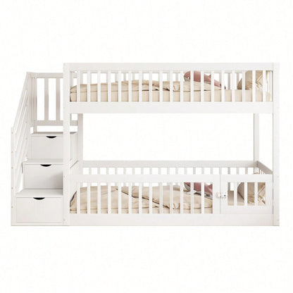 Etagenbett 90x200 Kinderbett mit Sicherheitstreppe und Schubladen, weißes Holzeinzelbett mit Stauraumbett für Kinder, Jugendliche