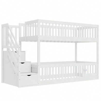 Etagenbett 90x200 Kinderbett mit Sicherheitstreppe und Schubladen, weißes Holzeinzelbett mit Stauraumbett für Kinder, Jugendliche