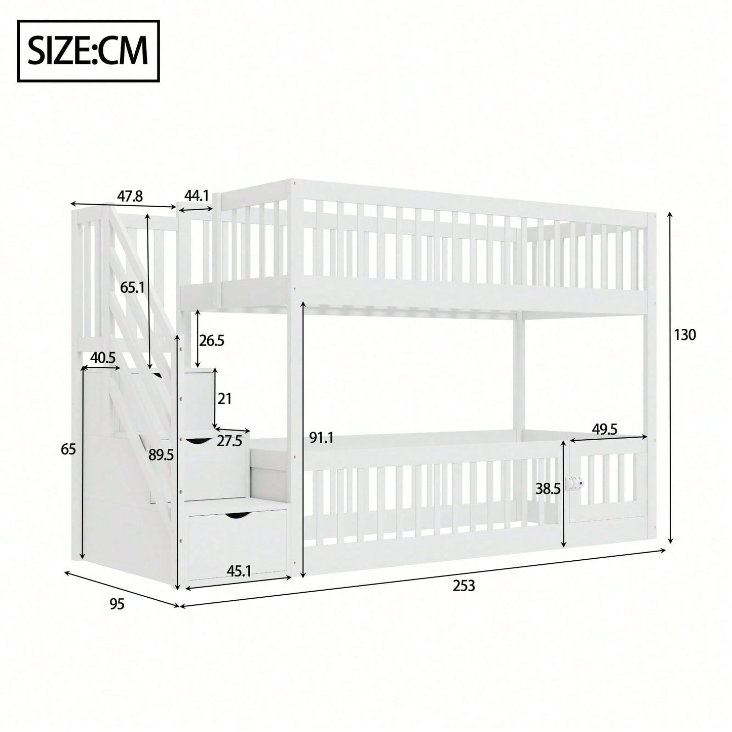 Etagenbett 90x200 Kinderbett mit Sicherheitstreppe und Schubladen, weißes Holzeinzelbett mit Stauraumbett für Kinder, Jugendliche