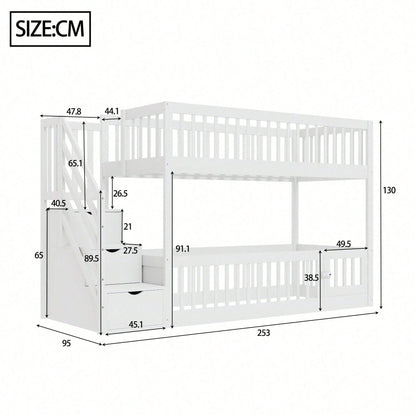 Etagenbett 90x200 Kinderbett mit Sicherheitstreppe und Schubladen, weißes Holzeinzelbett mit Stauraumbett für Kinder, Jugendliche