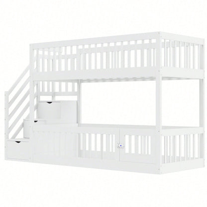 Etagenbett 90x200 Kinderbett mit Sicherheitstreppe und Schubladen, weißes Holzeinzelbett mit Stauraumbett für Kinder, Jugendliche