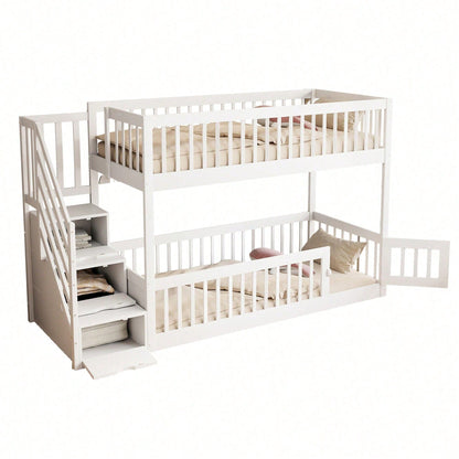 Etagenbett 90x200 Kinderbett mit Sicherheitstreppe und Schubladen, weißes Holzeinzelbett mit Stauraumbett für Kinder, Jugendliche