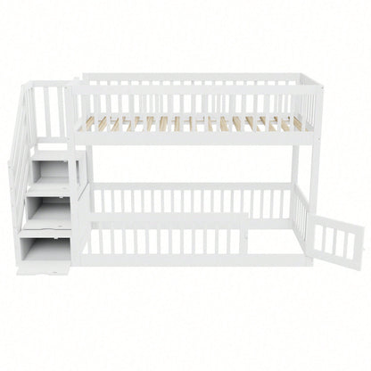 Etagenbett 90x200 Kinderbett mit Sicherheitstreppe und Schubladen, weißes Holzeinzelbett mit Stauraumbett für Kinder, Jugendliche