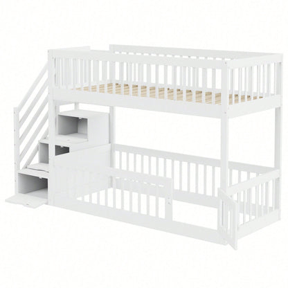 Etagenbett 90x200 Kinderbett mit Sicherheitstreppe und Schubladen, weißes Holzeinzelbett mit Stauraumbett für Kinder, Jugendliche