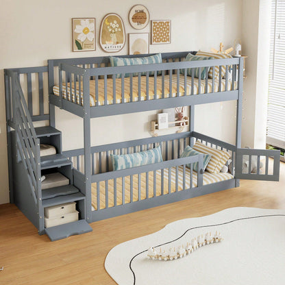 Etagenbett 90x200 Kinderbett mit Sicherheitstreppe und Schubladen, weißes Holzeinzelbett mit Stauraumbett für Kinder, Jugendliche